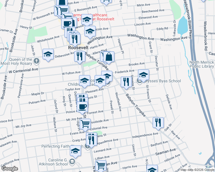 map of restaurants, bars, coffee shops, grocery stores, and more near 105 Pleasant Avenue in Roosevelt