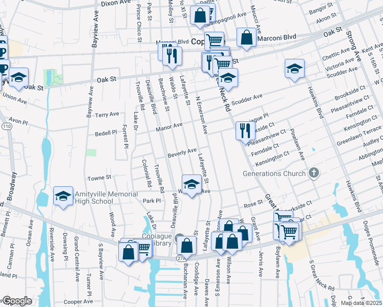 map of restaurants, bars, coffee shops, grocery stores, and more near 208 Waldo Street in Copiague