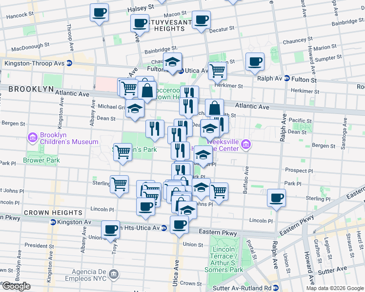 map of restaurants, bars, coffee shops, grocery stores, and more near 136 Utica Avenue in Brooklyn