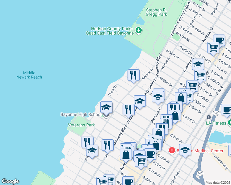 map of restaurants, bars, coffee shops, grocery stores, and more near 183 West 31st Street in Bayonne