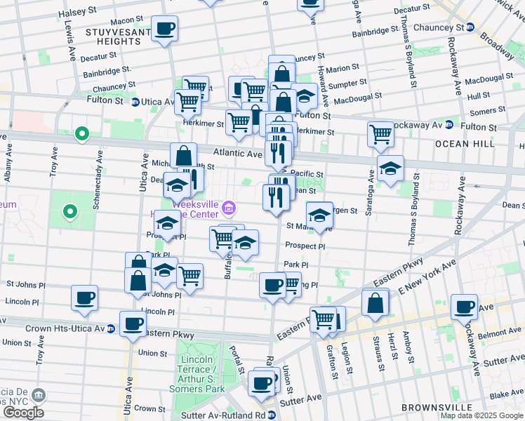 map of restaurants, bars, coffee shops, grocery stores, and more near 1373 Saint Marks Avenue in Brooklyn