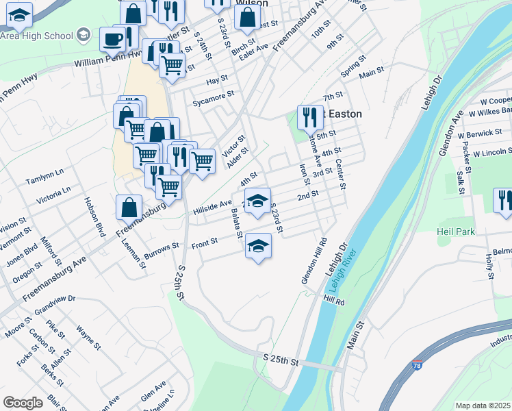map of restaurants, bars, coffee shops, grocery stores, and more near 2324 2nd Street in Easton