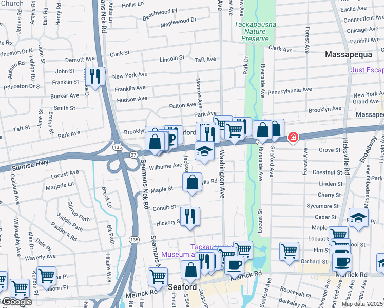 map of restaurants, bars, coffee shops, grocery stores, and more near 1982 Jackson Avenue in Seaford
