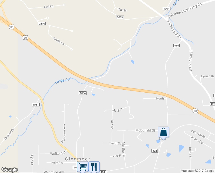 map of restaurants, bars, coffee shops, grocery stores, and more near Veterans Memorial Highway in East Liverpool