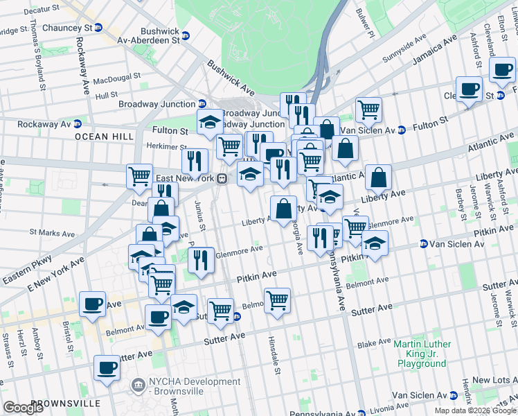 map of restaurants, bars, coffee shops, grocery stores, and more near 100 Williams Avenue in Brooklyn