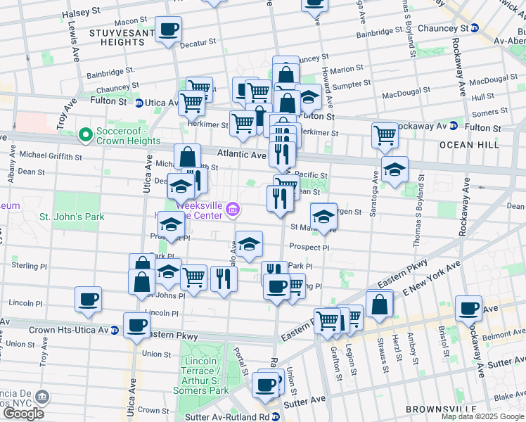 map of restaurants, bars, coffee shops, grocery stores, and more near 1373 Saint Marks Avenue in Brooklyn