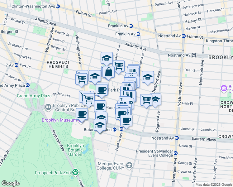 map of restaurants, bars, coffee shops, grocery stores, and more near 582 Park Place in Brooklyn