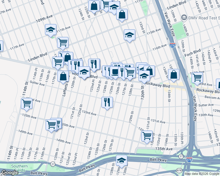 map of restaurants, bars, coffee shops, grocery stores, and more near 117-34 125th Street in Queens