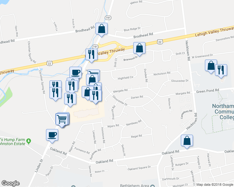 map of restaurants, bars, coffee shops, grocery stores, and more near 3126 Margate Road in Bethlehem