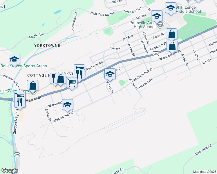 map of restaurants, bars, coffee shops, grocery stores, and more near 2118 Mahantongo Street in Pottsville
