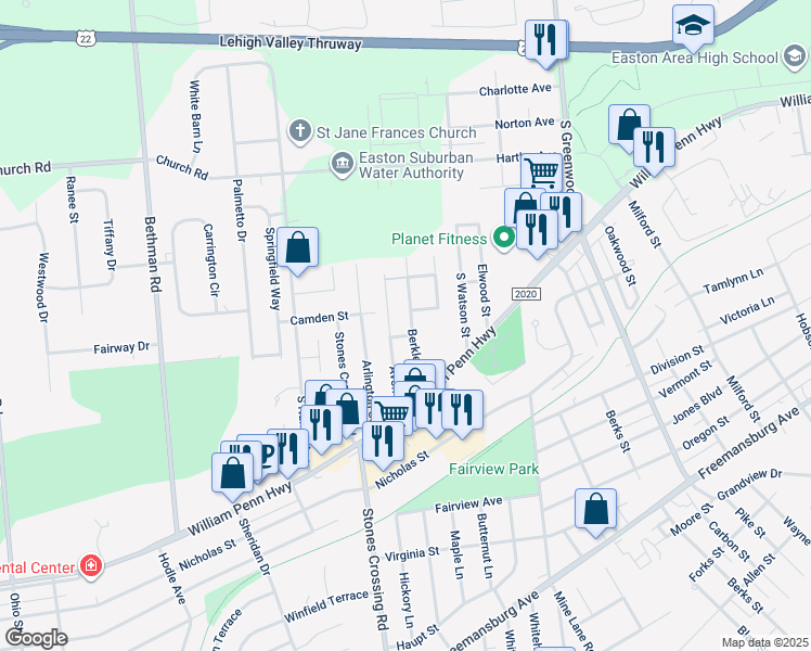 map of restaurants, bars, coffee shops, grocery stores, and more near 418 Berkley Street in Easton
