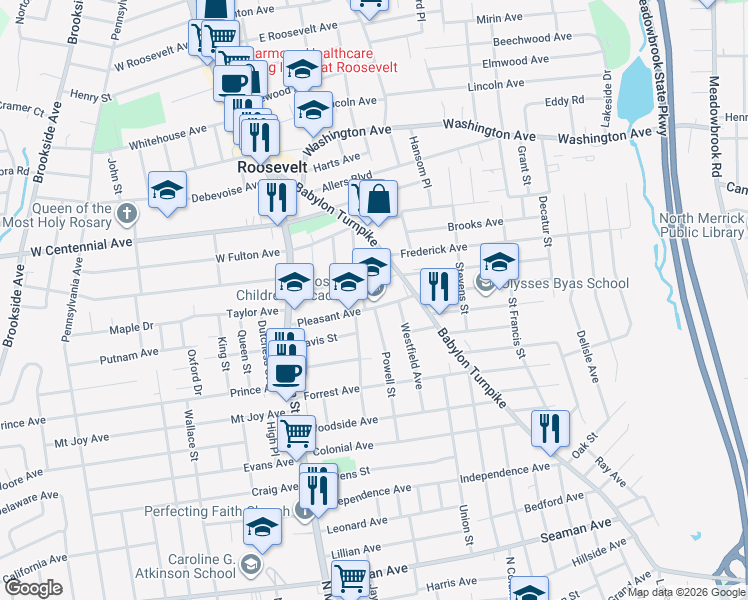 map of restaurants, bars, coffee shops, grocery stores, and more near 105 Pleasant Avenue in Roosevelt