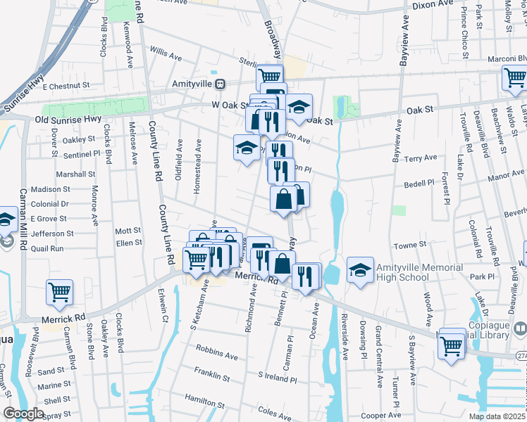 map of restaurants, bars, coffee shops, grocery stores, and more near 82B Broadway in Amityville