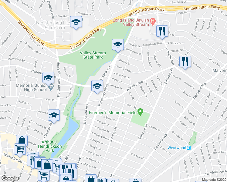map of restaurants, bars, coffee shops, grocery stores, and more near 38 Sheridan Street in Valley Stream