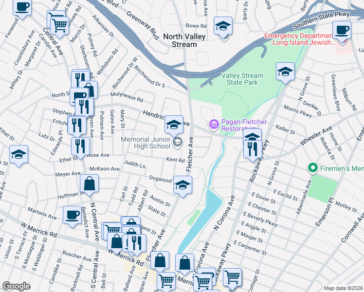 map of restaurants, bars, coffee shops, grocery stores, and more near 320 Fletcher Avenue in Valley Stream