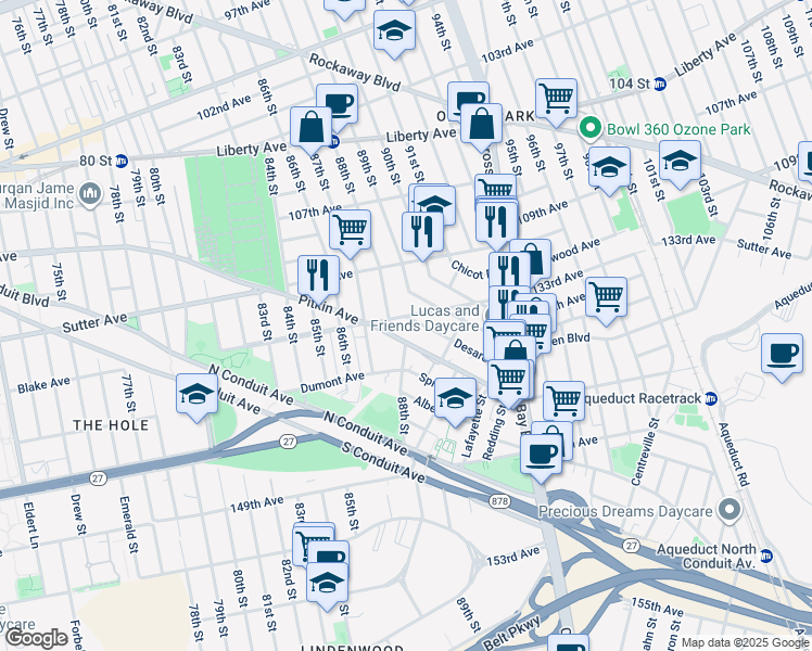 map of restaurants, bars, coffee shops, grocery stores, and more near 88-05 Pitkin Avenue in Queens