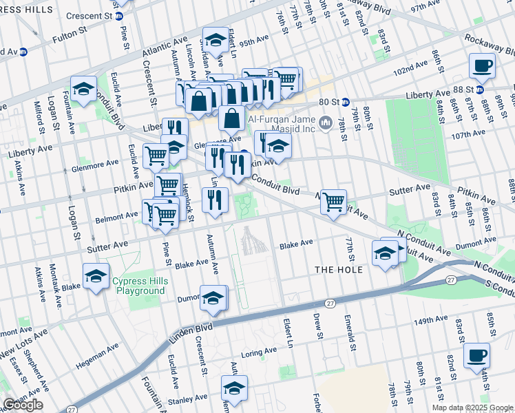 map of restaurants, bars, coffee shops, grocery stores, and more near 1441 Sutter Avenue in Brooklyn