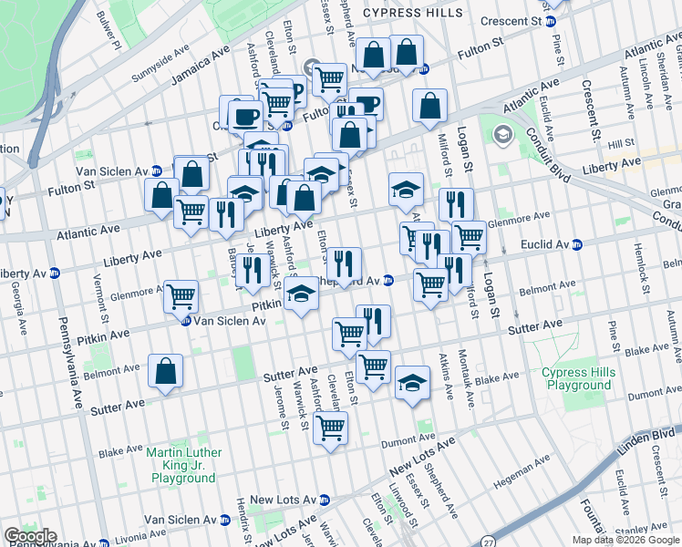 map of restaurants, bars, coffee shops, grocery stores, and more near 2437 Pitkin Avenue in Brooklyn