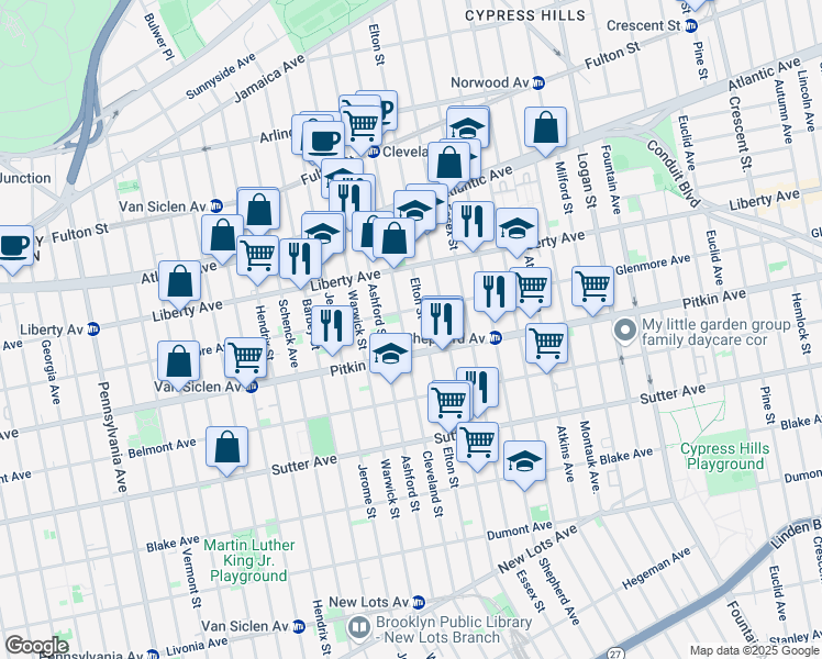 map of restaurants, bars, coffee shops, grocery stores, and more near 443 Cleveland Street in Brooklyn