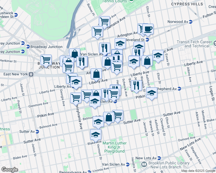 map of restaurants, bars, coffee shops, grocery stores, and more near 509 Glenmore Avenue in Brooklyn