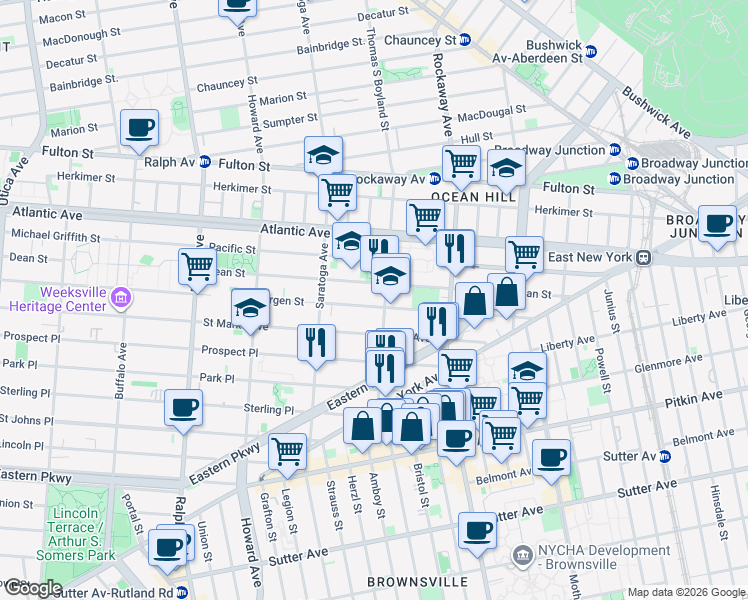 map of restaurants, bars, coffee shops, grocery stores, and more near 298 Thomas S Boyland Street in Brooklyn