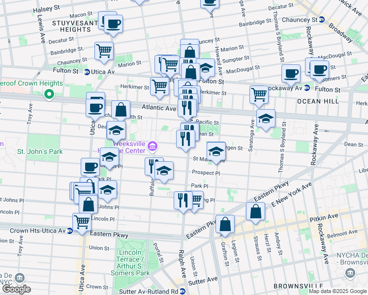map of restaurants, bars, coffee shops, grocery stores, and more near 1373 Saint Marks Avenue in Brooklyn