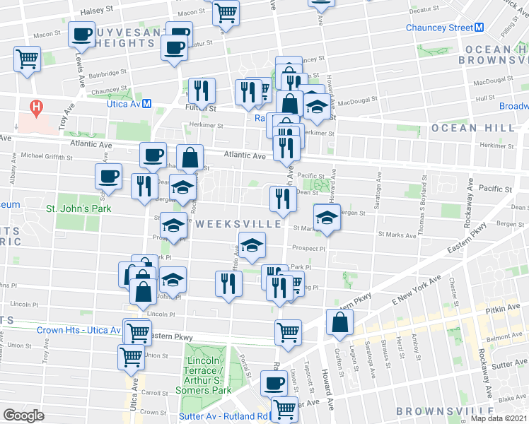 map of restaurants, bars, coffee shops, grocery stores, and more near 1373 Saint Marks Avenue in Brooklyn