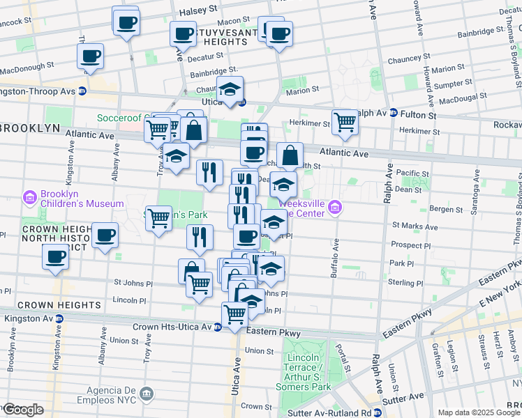 map of restaurants, bars, coffee shops, grocery stores, and more near 35 Utica Avenue in Brooklyn