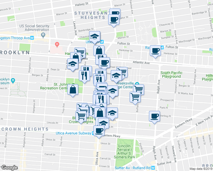 map of restaurants, bars, coffee shops, grocery stores, and more near 35 Utica Avenue in Brooklyn