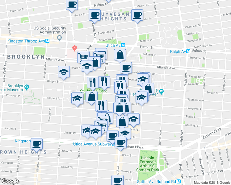 map of restaurants, bars, coffee shops, grocery stores, and more near 1152 Saint Marks Avenue in Brooklyn