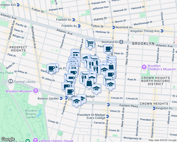 map of restaurants, bars, coffee shops, grocery stores, and more near 701 Park Place in Brooklyn