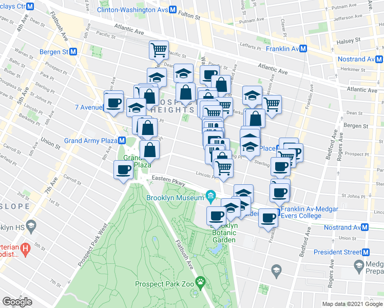 map of restaurants, bars, coffee shops, grocery stores, and more near 388 Saint Johns Place in Brooklyn
