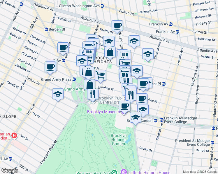 map of restaurants, bars, coffee shops, grocery stores, and more near 340 Saint Johns Place in Brooklyn