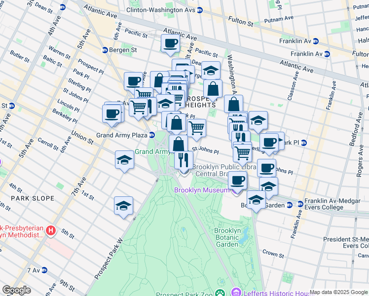 map of restaurants, bars, coffee shops, grocery stores, and more near 286 Saint Johns Place in Brooklyn