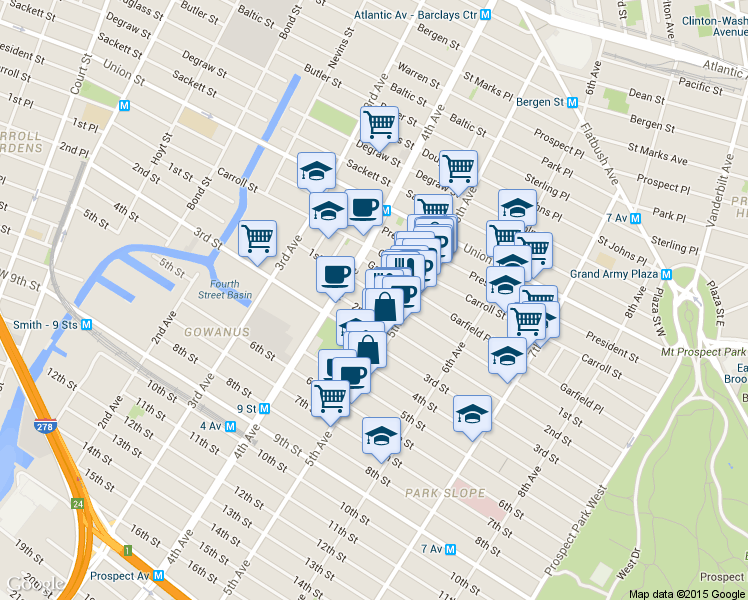 map of restaurants, bars, coffee shops, grocery stores, and more near 296 1st Street in Brooklyn