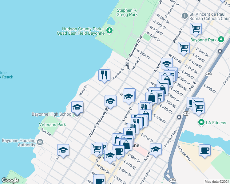 map of restaurants, bars, coffee shops, grocery stores, and more near 833 John F. Kennedy Boulevard in Bayonne
