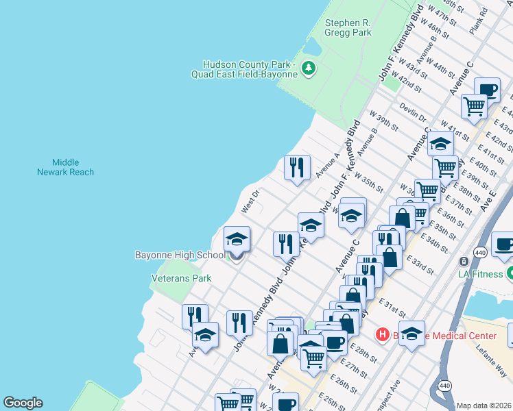 map of restaurants, bars, coffee shops, grocery stores, and more near 183 West 31st Street in Bayonne