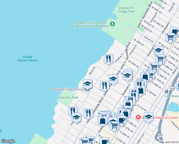 map of restaurants, bars, coffee shops, grocery stores, and more near 183 West 31st Street in Bayonne