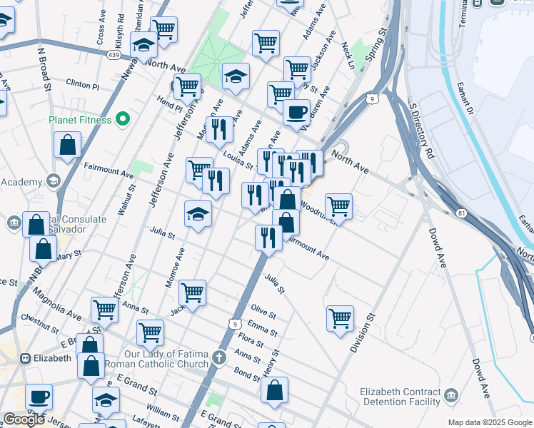 map of restaurants, bars, coffee shops, grocery stores, and more near 1009 Fairmount Avenue in Elizabeth