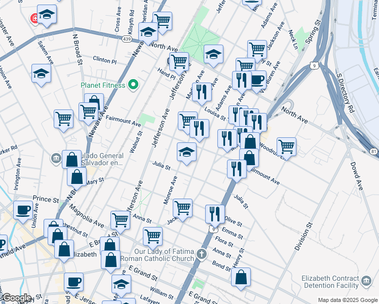 map of restaurants, bars, coffee shops, grocery stores, and more near 577 Monroe Avenue in Elizabeth