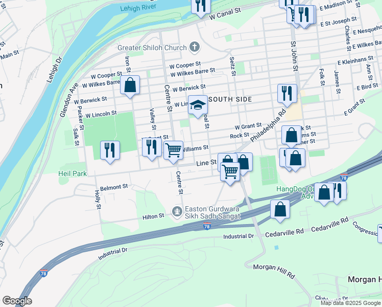 map of restaurants, bars, coffee shops, grocery stores, and more near 605 Line Street in Easton