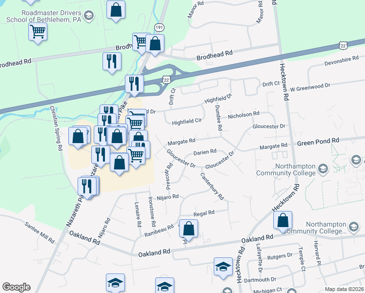 map of restaurants, bars, coffee shops, grocery stores, and more near 3225 Darien Road in Bethlehem