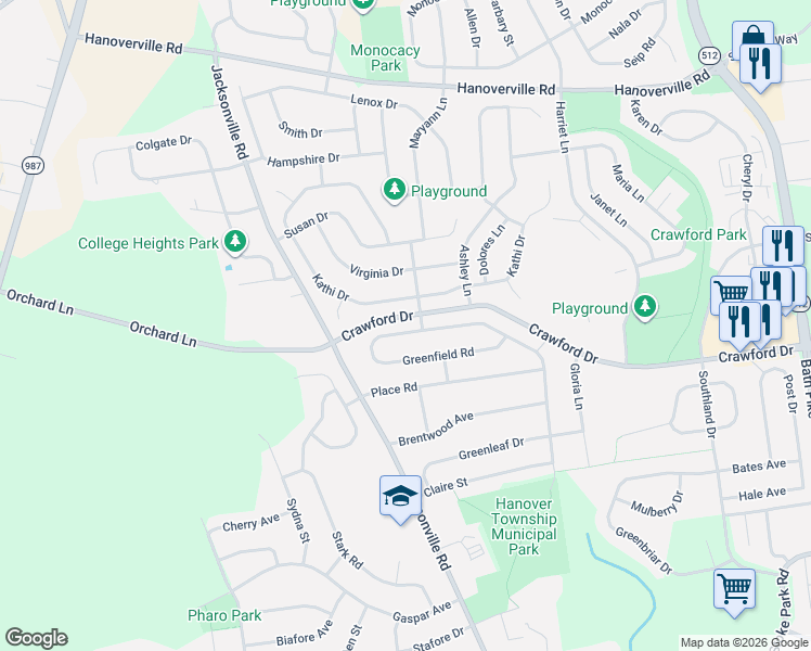 map of restaurants, bars, coffee shops, grocery stores, and more near 4509 Greenfield Road in Bethlehem