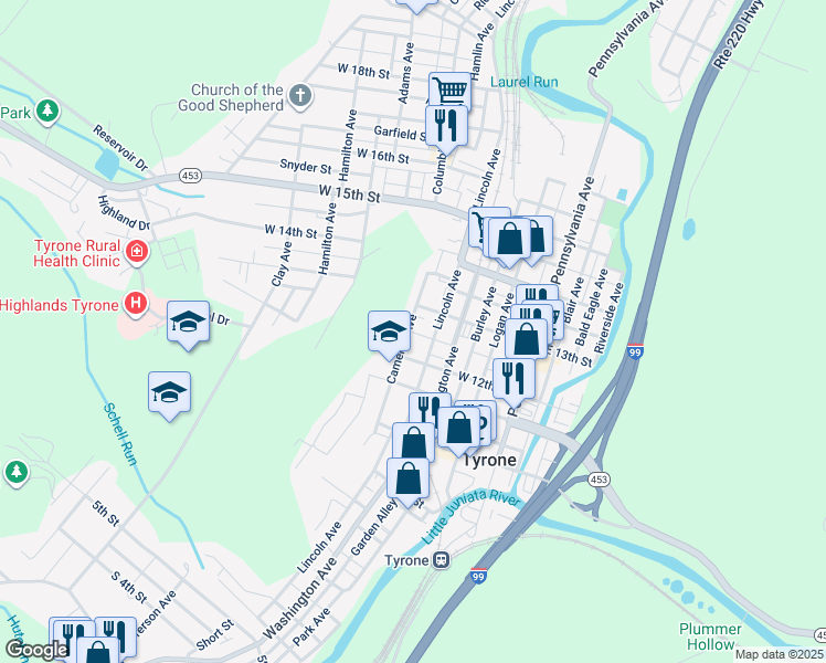 map of restaurants, bars, coffee shops, grocery stores, and more near 1208 Cameron Ave in Tyrone