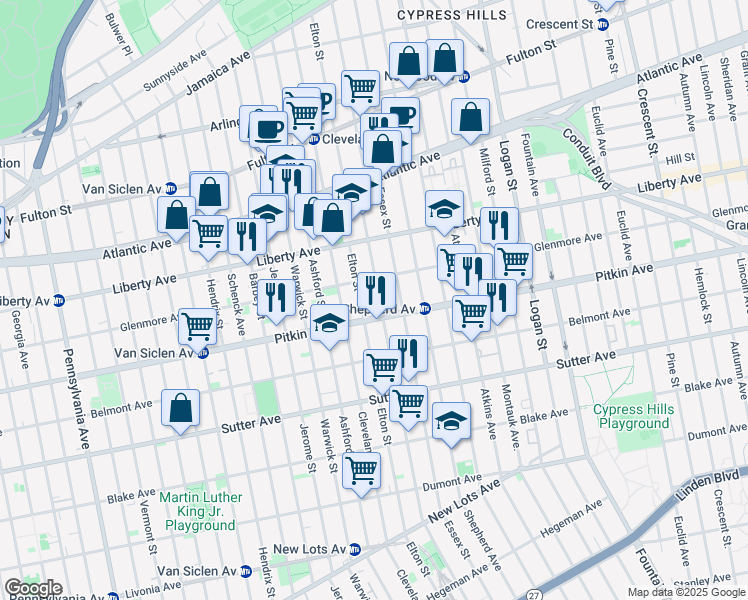 map of restaurants, bars, coffee shops, grocery stores, and more near 2437 Pitkin Avenue in Brooklyn