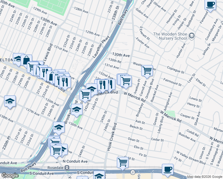 map of restaurants, bars, coffee shops, grocery stores, and more near 244-10 Merrick Boulevard in Queens