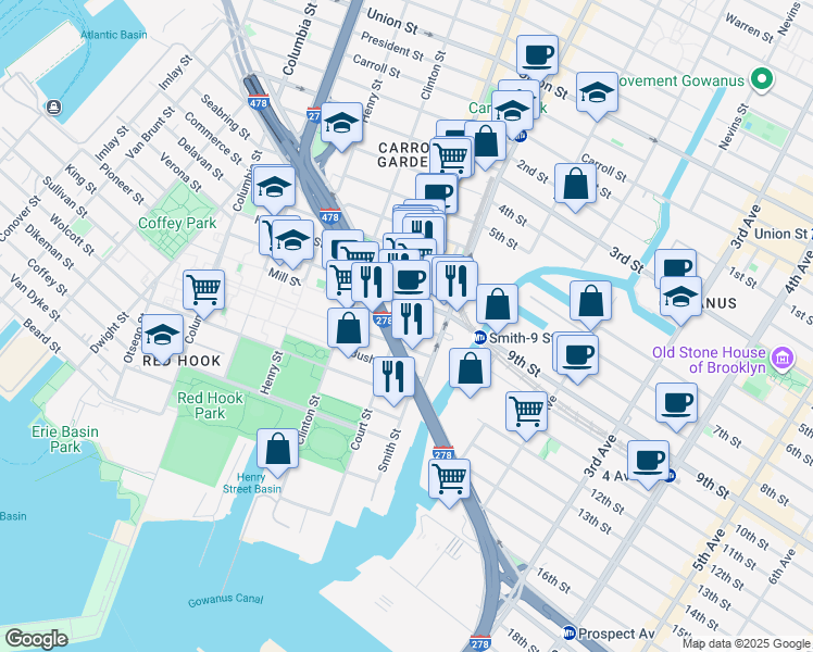map of restaurants, bars, coffee shops, grocery stores, and more near 529 Court Street in Brooklyn