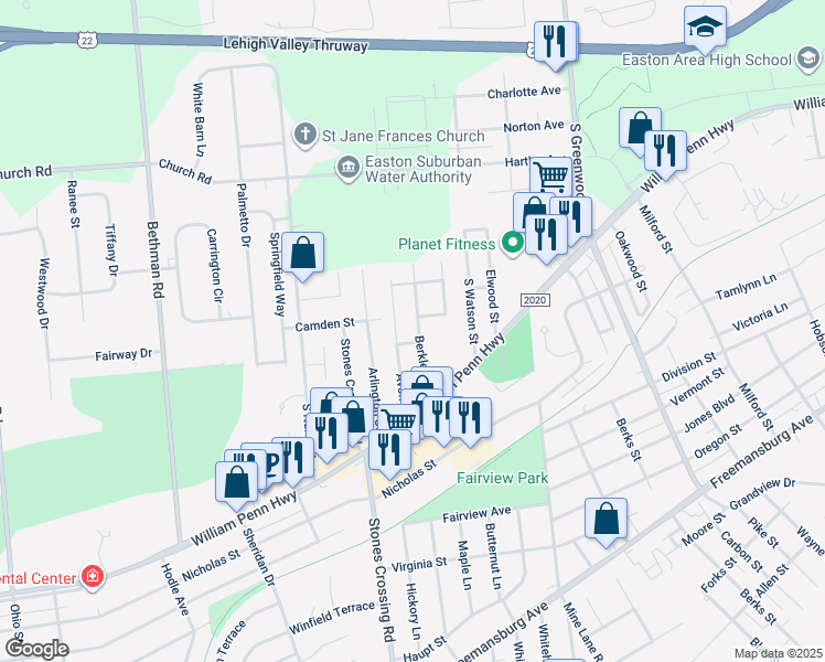 map of restaurants, bars, coffee shops, grocery stores, and more near 418 Berkley Street in Easton