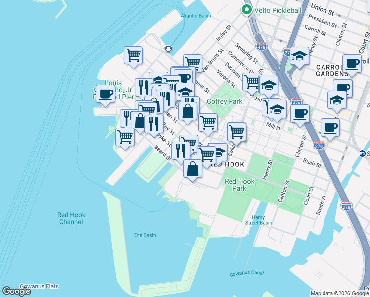 map of restaurants, bars, coffee shops, grocery stores, and more near 41 Coffey Street in Brooklyn
