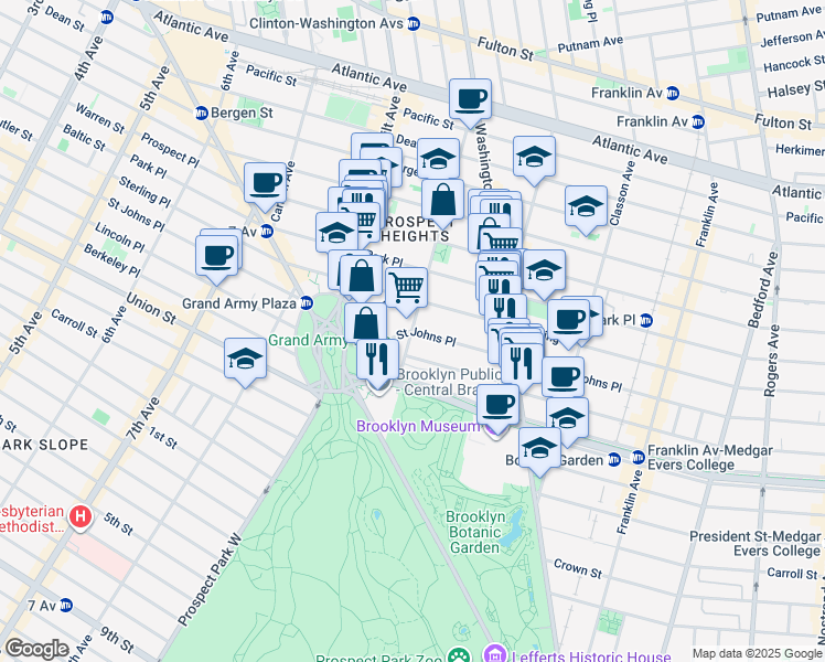 map of restaurants, bars, coffee shops, grocery stores, and more near St Johns Pl & Underhill Ave in Brooklyn